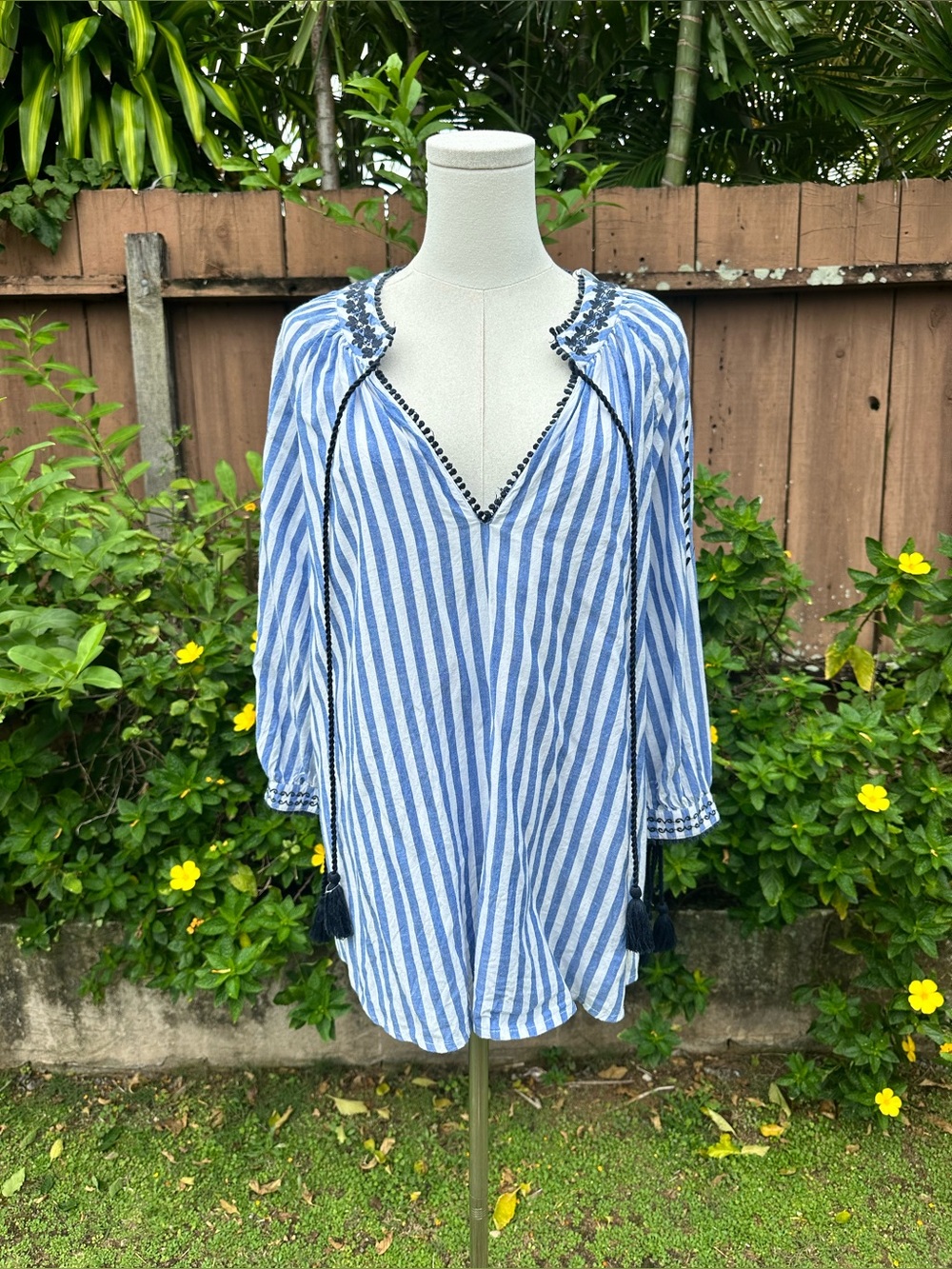 Zara Blue White Striped Embroidered Tie Neck Tassels Long Sleeve Blouse Size S